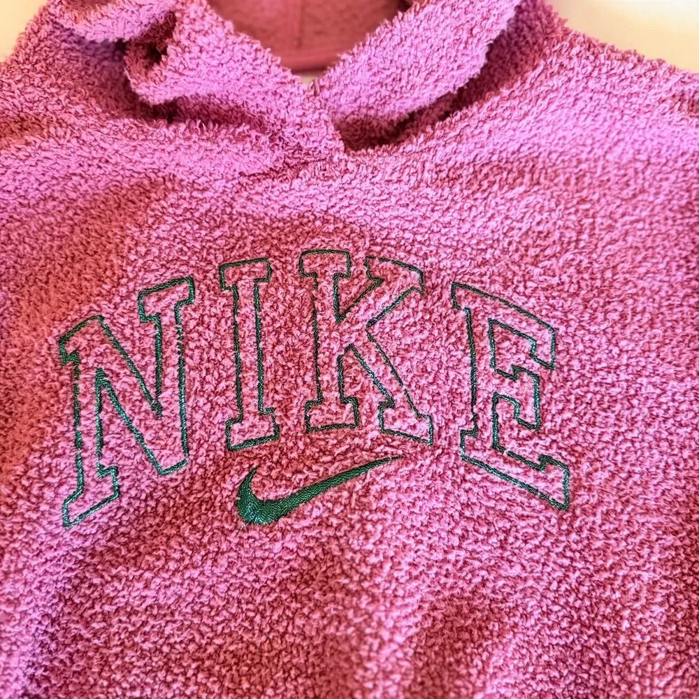Nike Girls 4 XS Pink Sherpa Fleece Plush Pullover Hoodie Embroidered Spellout